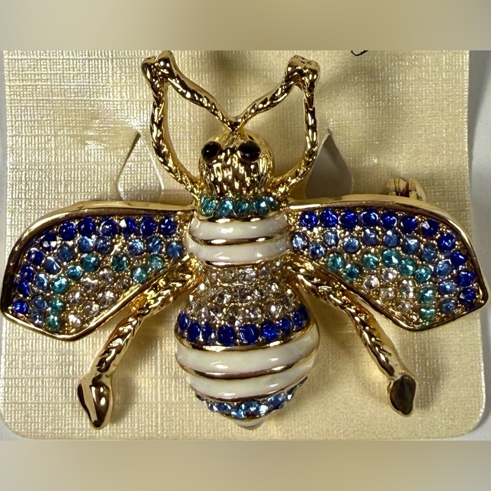 Blue Crystal Bee Brooch Gold Tone Rhinestone Enamel Insect Statement Pin
